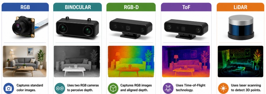 RGB, Binocular, RGB-D, ToF, and LiDAR