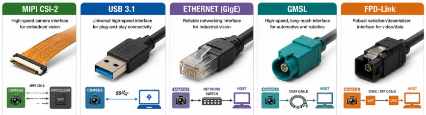 MIPI CSI-2, USB 3.1, Ethernet, GMSL, and FPD-Link